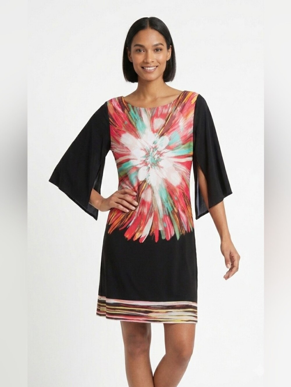 Fenn Wright Manson Floral Black Dress with Bell Split Sleeves Size 12